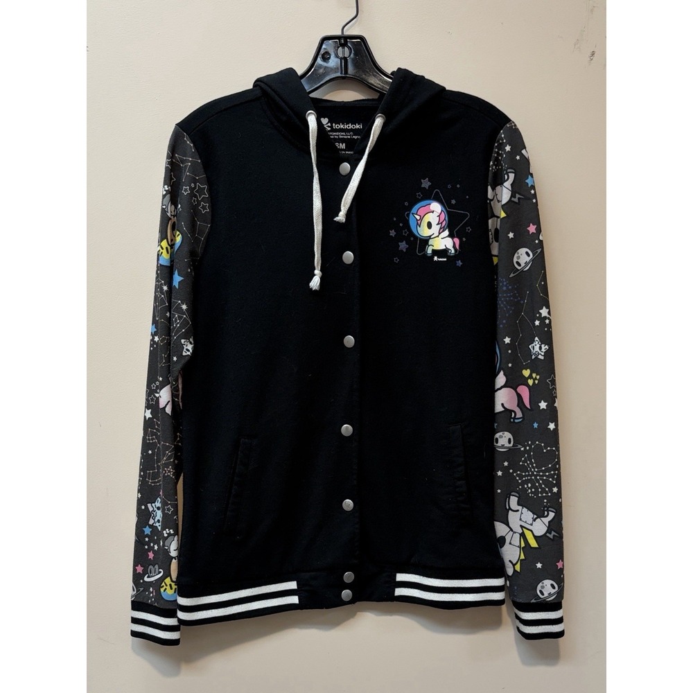 tokidoki Varsity Jacket Hoodie Women S/M Black Unicorno Space Snap Sweatshirt